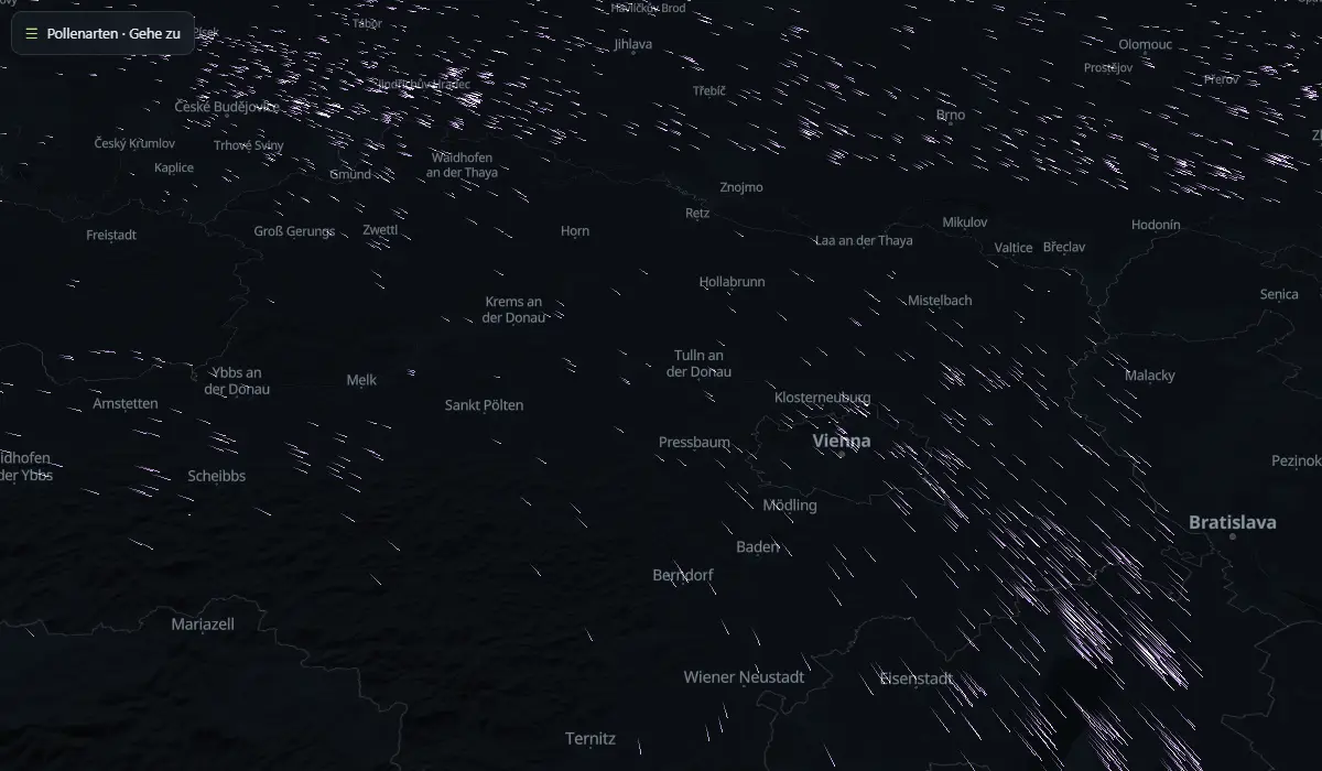 Karte der Pollen in der Luft heute, vom Wind getragen (CAMS-Modell)