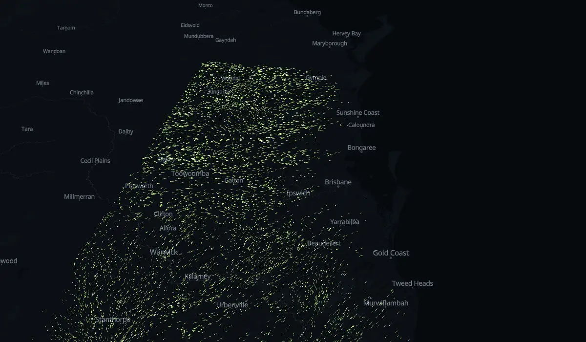 Map of today's grass pollen drifting on the wind