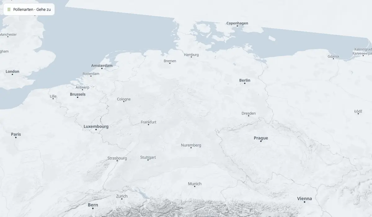 Karte: Pollen in der Luft, vom heutigen Wind getragen (Modell CAMS)