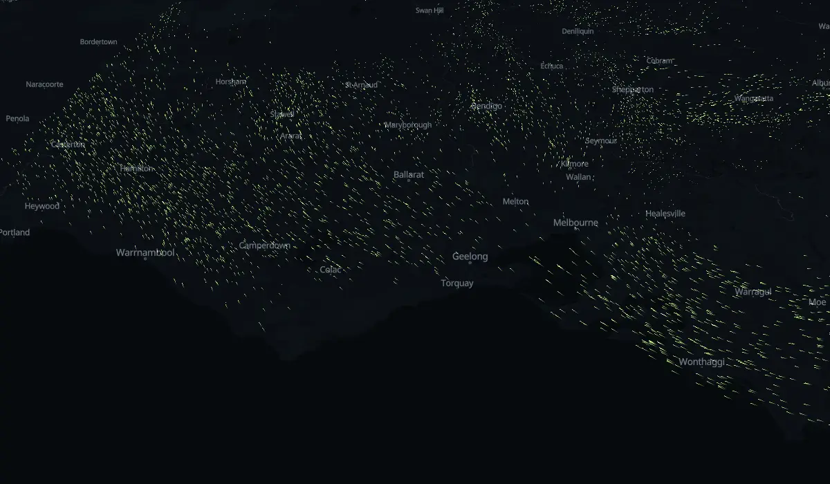 Map of today's grass pollen drifting on the wind