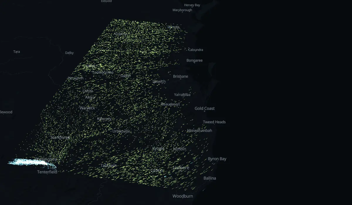 Map of today's grass pollen drifting on the wind