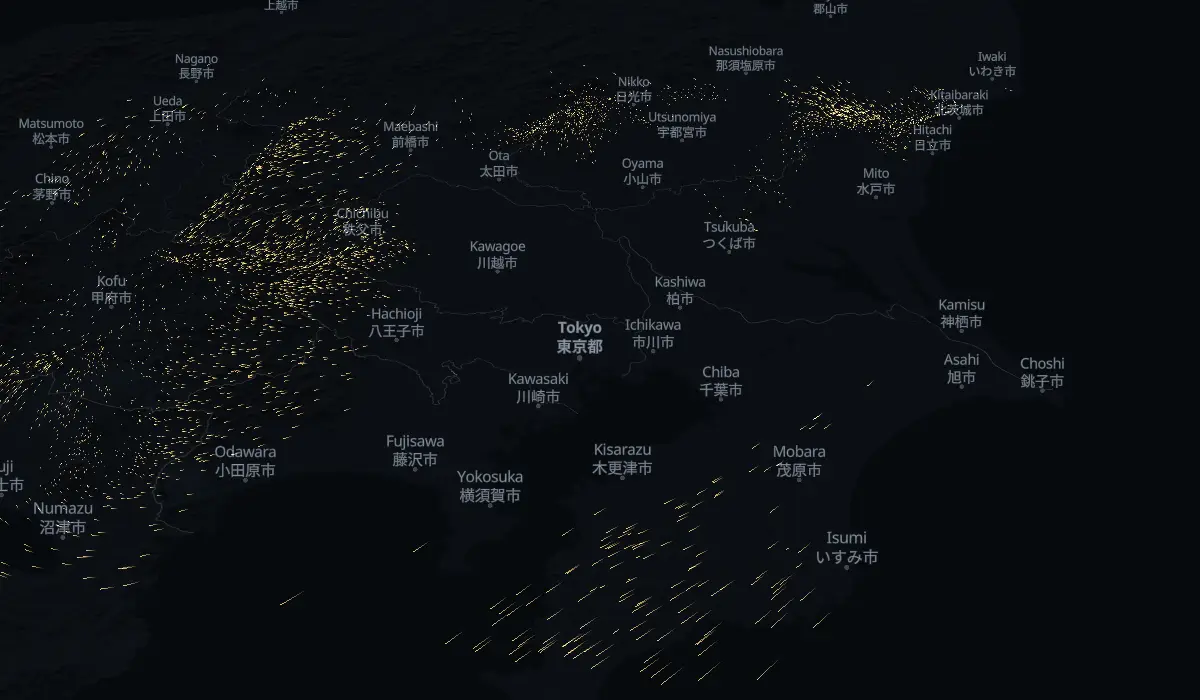 今日の風に乗って流れる花粉の地図（見本）