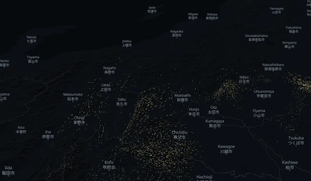 今日の風に乗って流れる花粉の地図（見本）