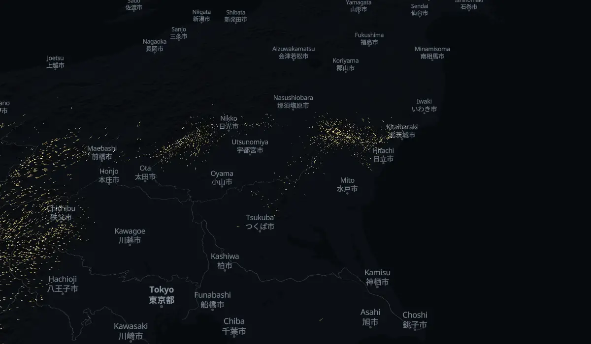今日の風に乗って流れる花粉の地図（見本）