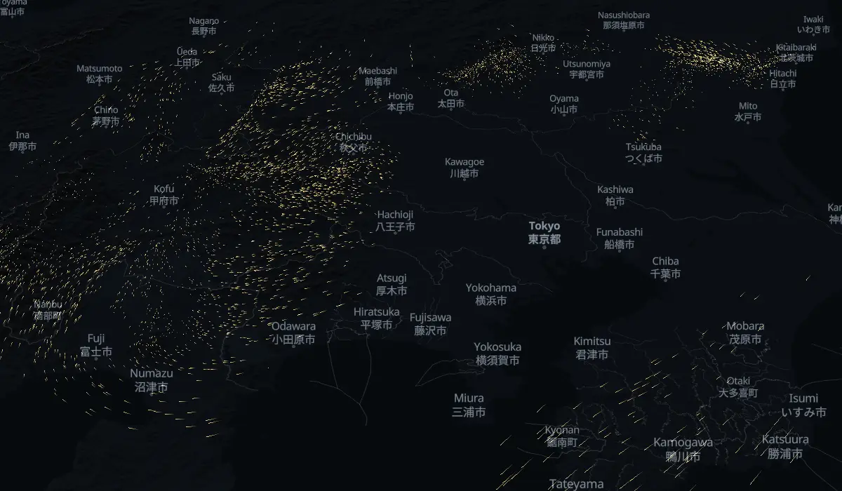 今日の風に乗って流れる花粉の地図（見本）