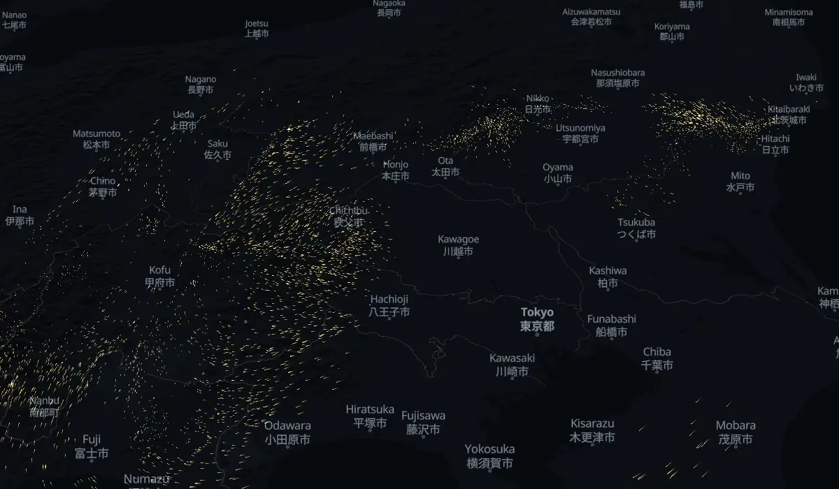 今日の風に乗って流れる花粉の地図（見本）