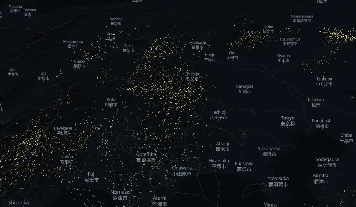 今日の風に乗って流れる花粉の地図（見本）