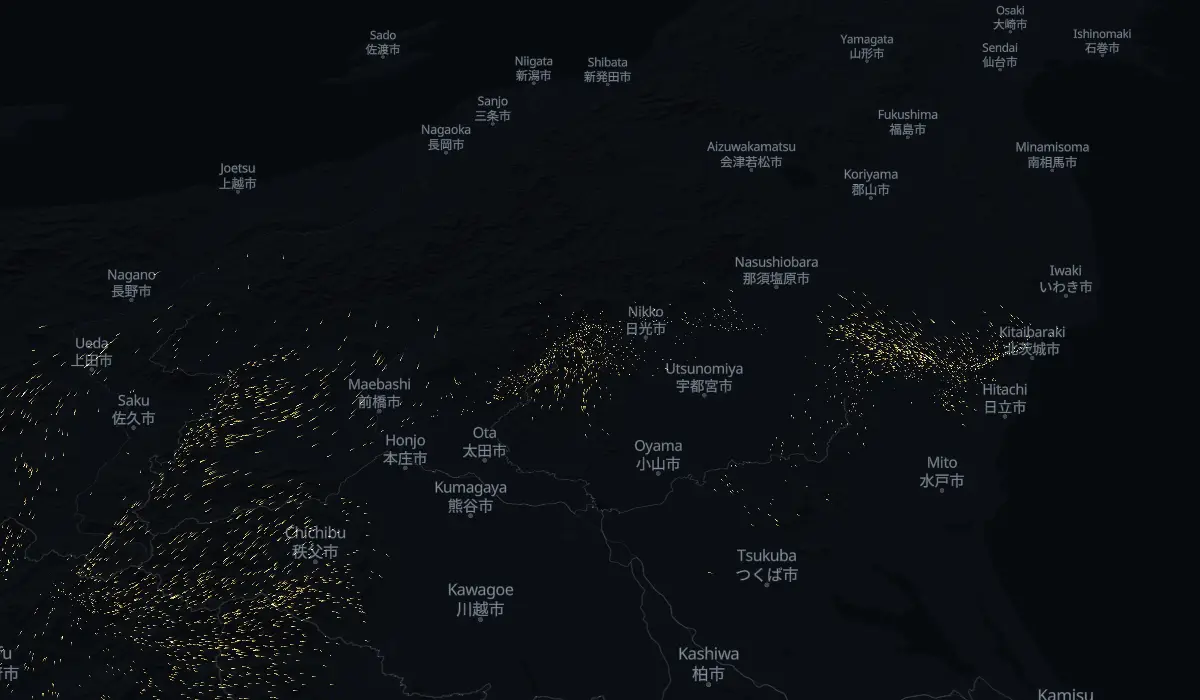 今日の風に乗って流れる花粉の地図（見本）
