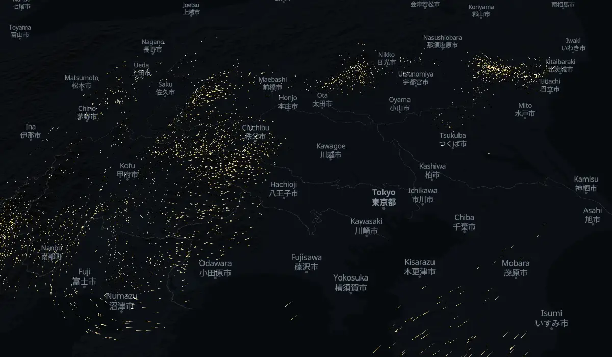 今日の風に乗って流れる花粉の地図（見本）