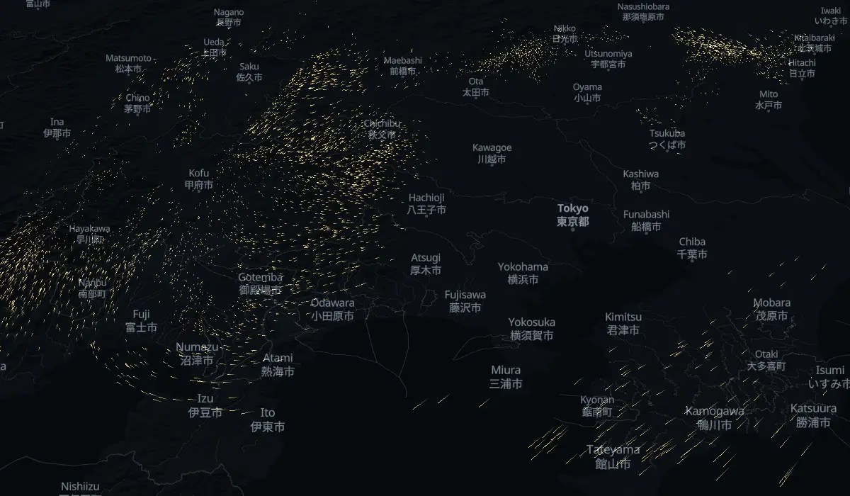 今日の風に乗って流れる花粉の地図（見本）