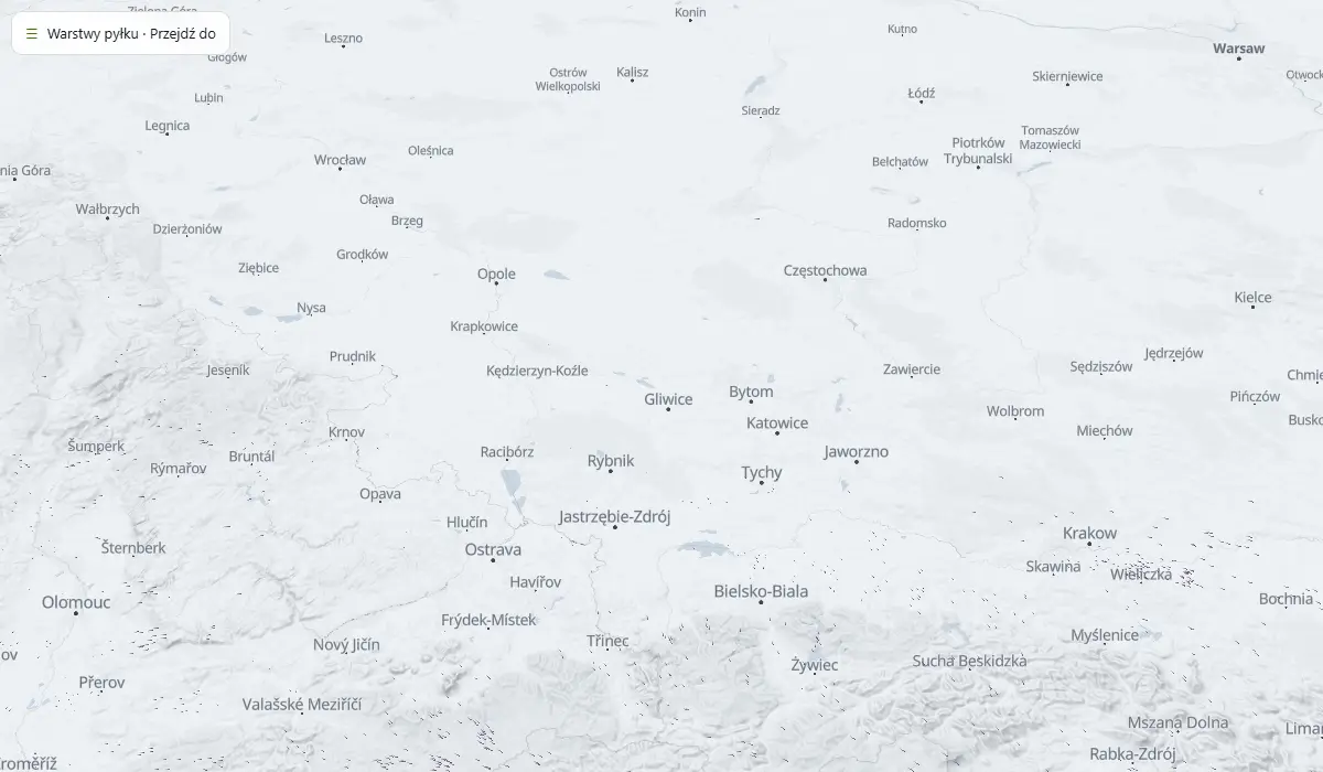 Mapa pyłku w powietrzu niesionego dzisiejszym wiatrem