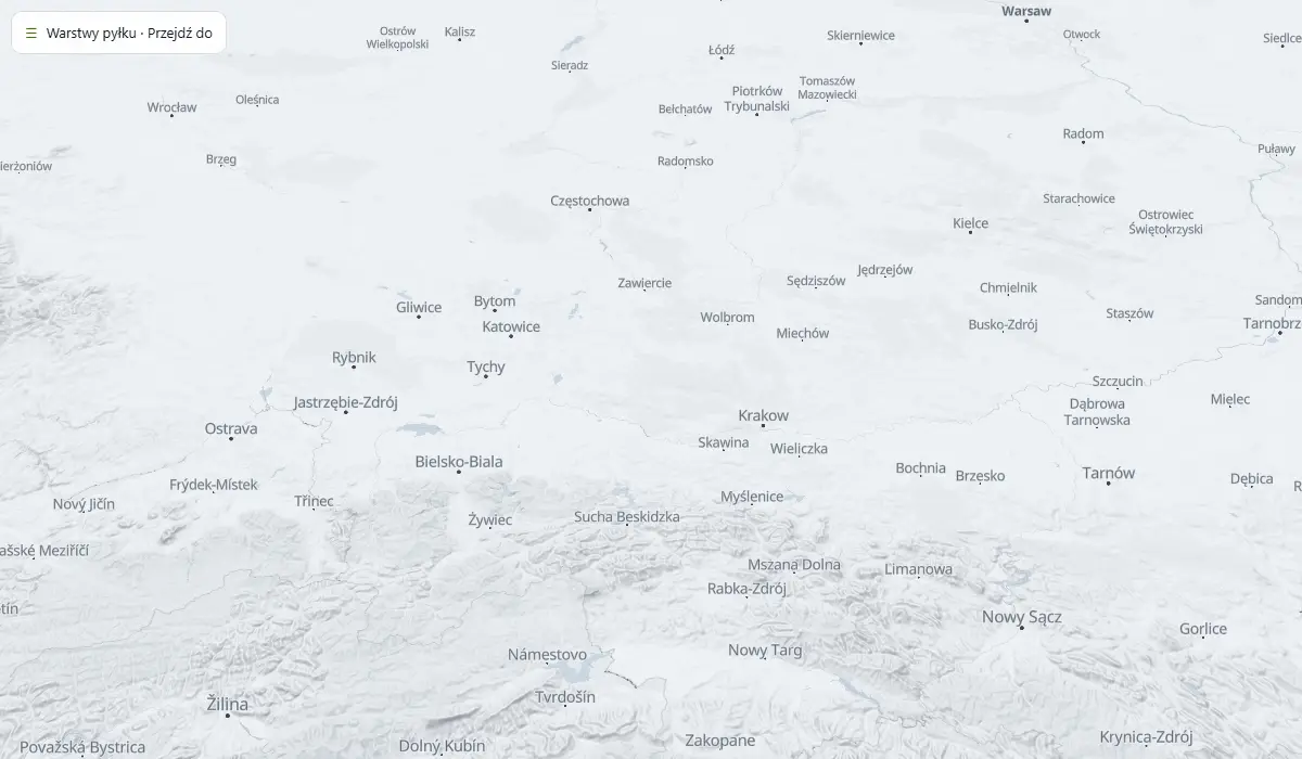Mapa pyłku w powietrzu niesionego dzisiejszym wiatrem