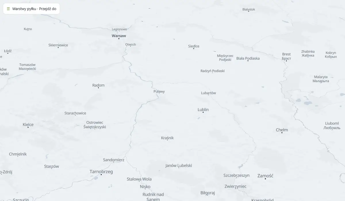Mapa pyłku w powietrzu niesionego dzisiejszym wiatrem