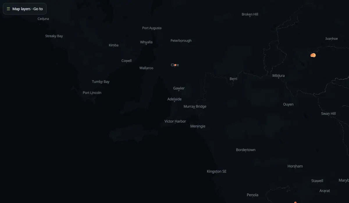 Map of today's bushfire smoke and fire hotspots around Adelaide