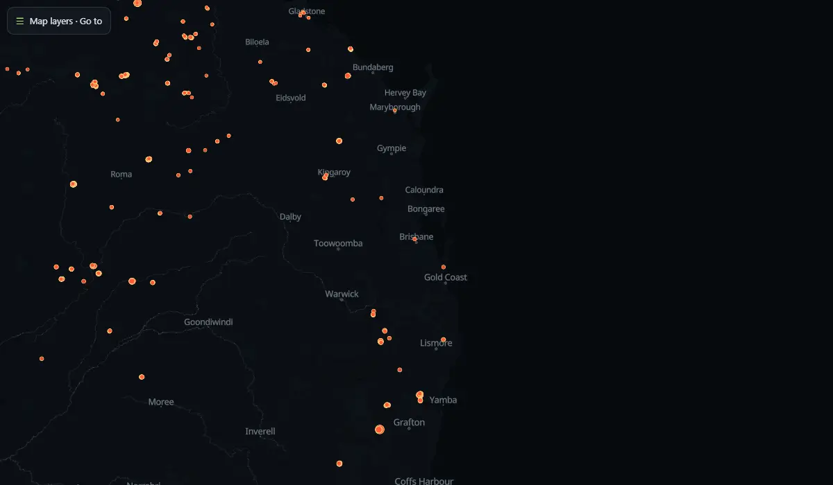 Map of today's bushfire smoke and fire hotspots around Brisbane