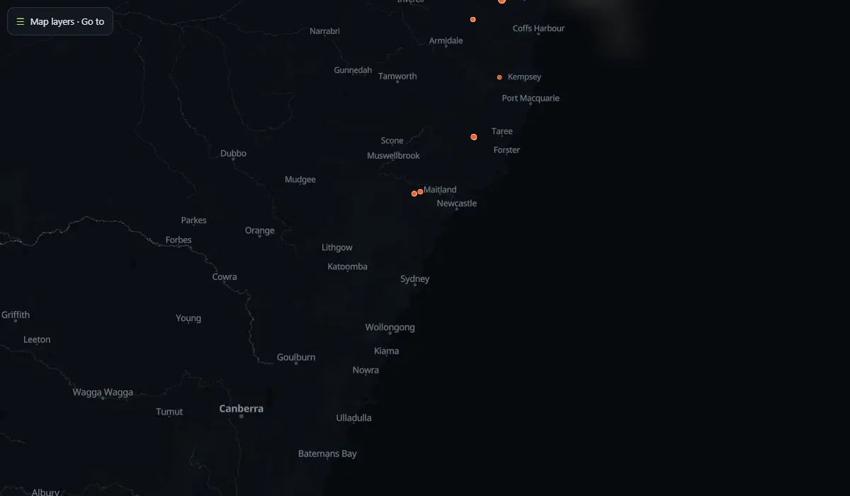 Map of today's bushfire smoke and fire hotspots around the Central Coast