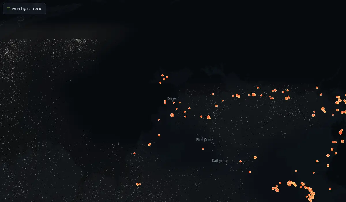 Map of today's bushfire smoke and fire hotspots around Darwin