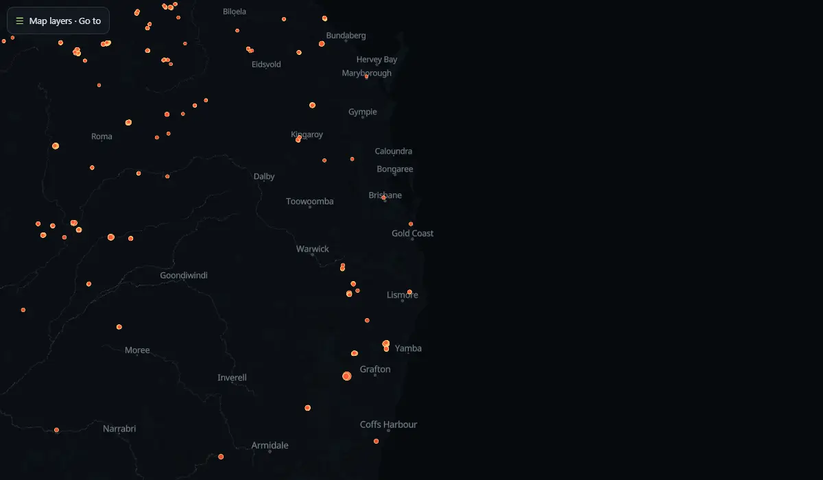 Map of today's bushfire smoke and fire hotspots around the Gold Coast