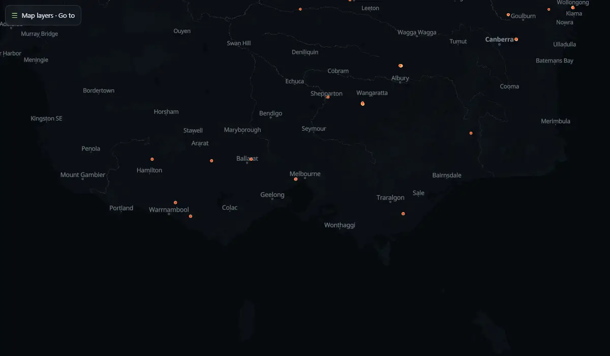 Map of today's bushfire smoke and fire hotspots around Melbourne