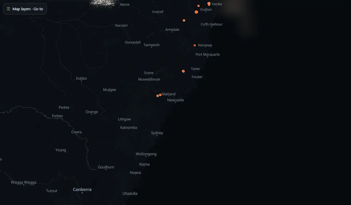 Map of today's bushfire smoke and fire hotspots around Newcastle