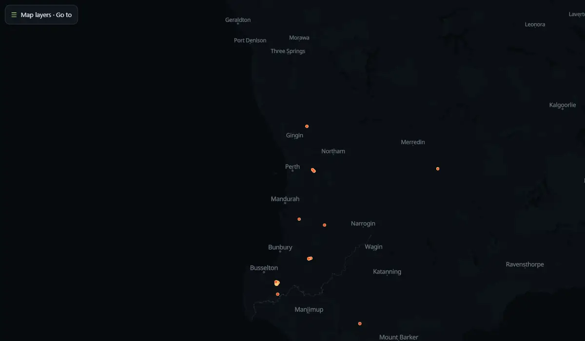 Map of today's bushfire smoke and fire hotspots around Perth