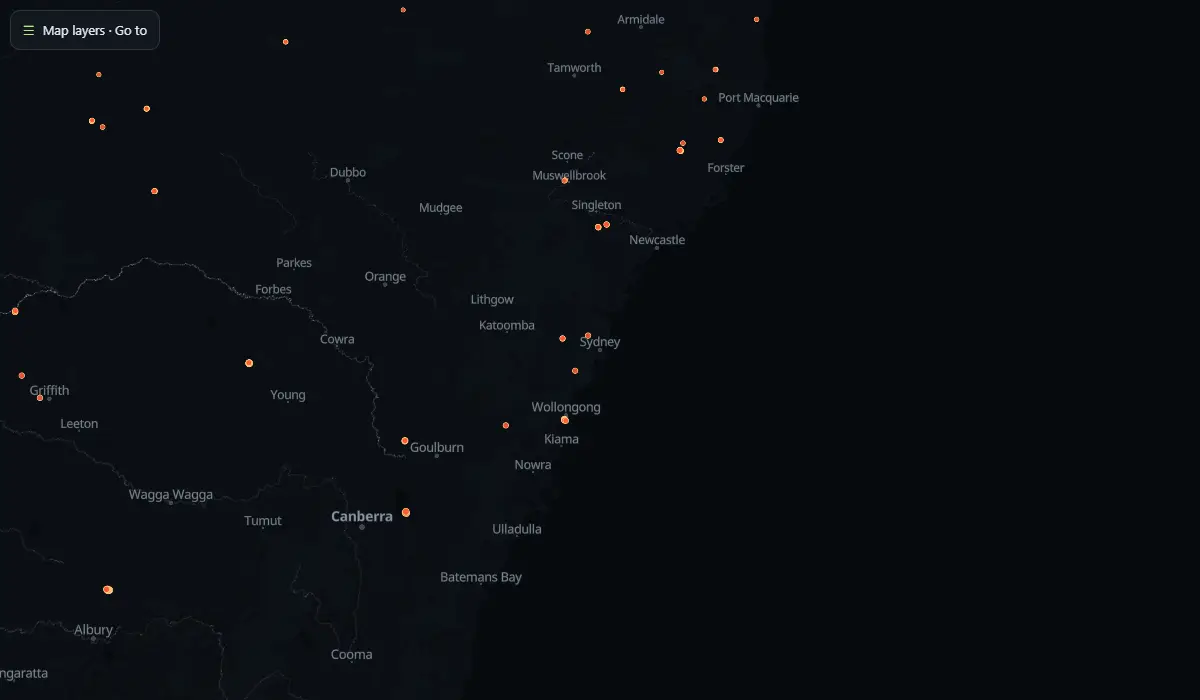 Map of today's bushfire smoke and fire hotspots around Sydney