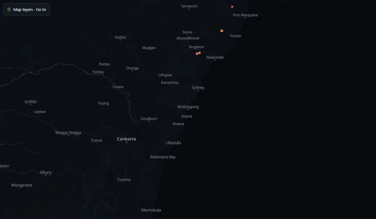 Map of today's bushfire smoke and fire hotspots around Wollongong