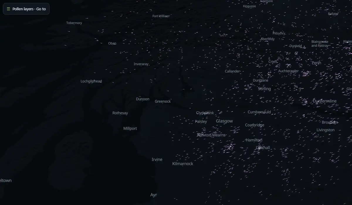 Map of today's pollen in the air, carried by the wind (CAMS model)