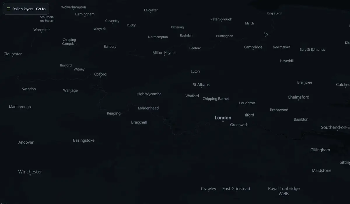 Map of today's pollen in the air, carried by the wind (CAMS model)