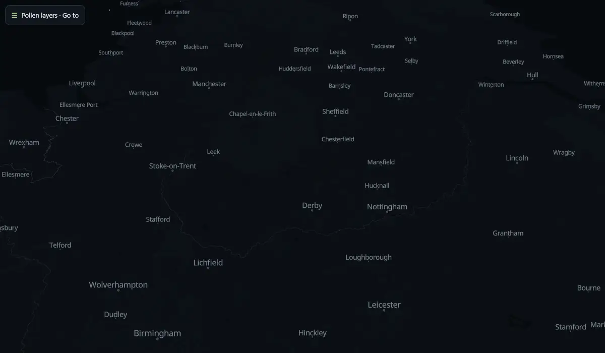 Map of today's pollen in the air, carried by the wind (CAMS model)