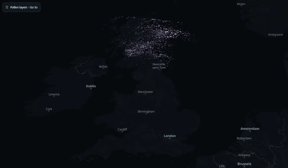 Map of today's pollen in the air, carried by the wind (CAMS model)